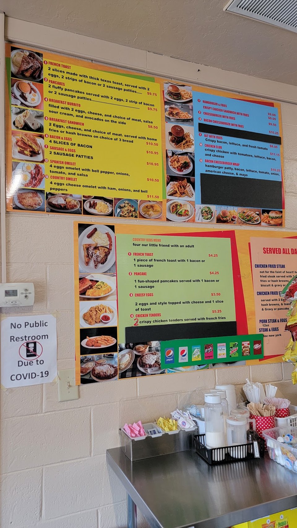 Diner menu featuring burgers, eggs, and pancakes